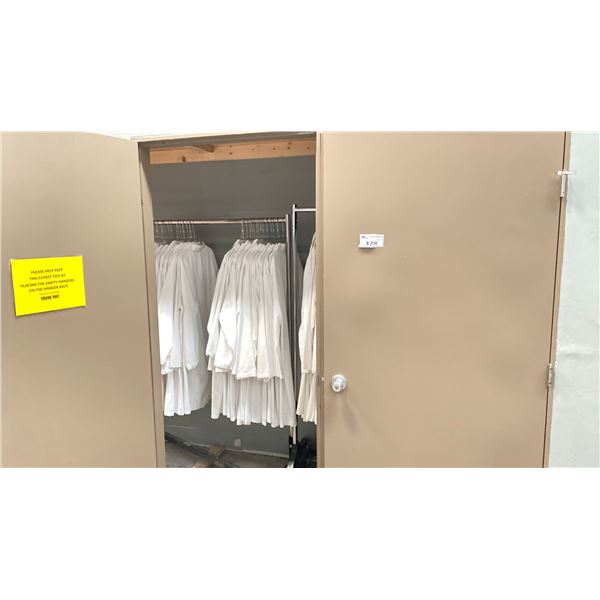 LARGE GROUP LOT OF LAB COATS ON RACKFORCE HEAVY DUTY GARMENT ROLLING RACKS. APPROX 200 COATS INC