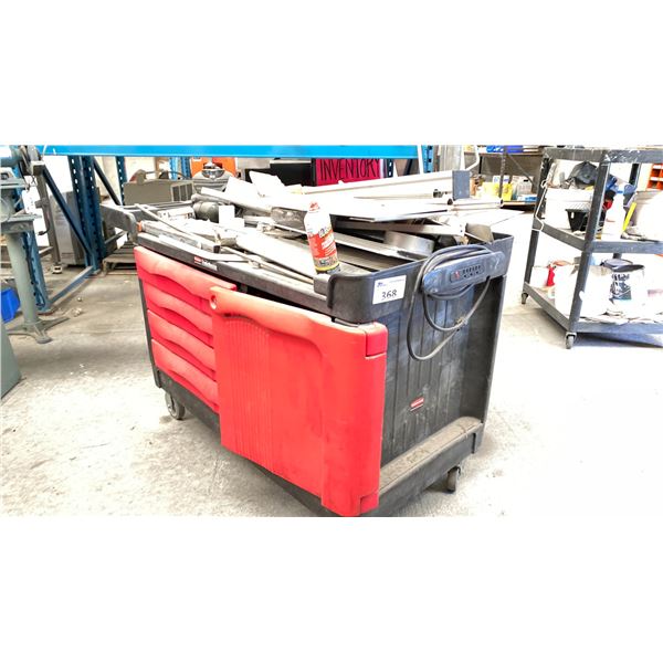 RUBBERMAID TRADEMASTER TOOL CART 60"X27" ON WHEELS WITH CONTENTS. MOSTLY SCRAP MUCH OF IT STAINLESS