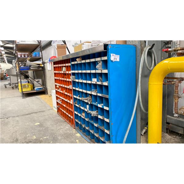 2 METAL NUTS AND BOLTS BINS WITH CONTENTS. OVERALL 6'WX42"H WITH STAINLESS STEEL TOP