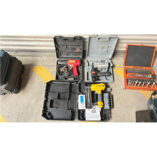 GROUP LOT DEWALT 18 GAUGE BRAD NAILER, COMBINATION BRAD NAIL/STAPLER, HEAT GUN