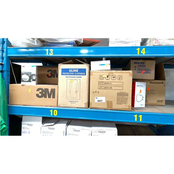 SHELF LOT OF PPE ITEMS. 7 CASES OF 3M PARTICLE RESPIRATORS N95, 2 CASES ULINE POLY COATED GOWNS,