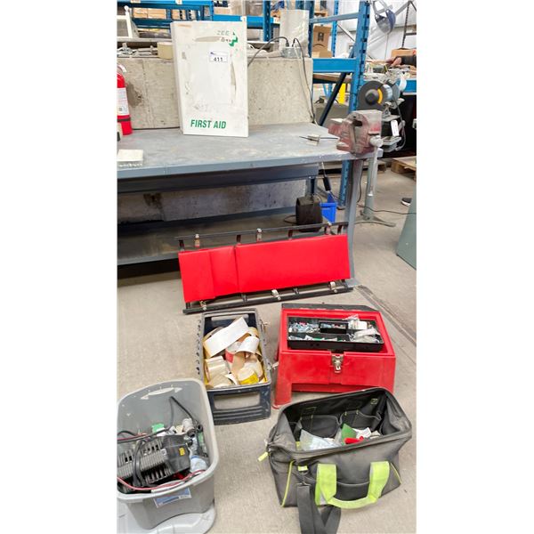 WALL MOUNT METAL BOX WITH ASST SCREWS, NUTS, BATTERY CHARGER 10/2AMP, BIN OF TAPE, STEP STOOL TYPE