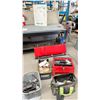 Image 1 : WALL MOUNT METAL BOX WITH ASST SCREWS, NUTS, BATTERY CHARGER 10/2AMP, BIN OF TAPE, STEP STOOL TYPE