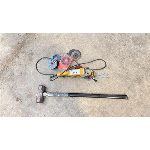 DEWALT 5" ANGLE GRINDER DW831 WITH AN ASST OF BLADES AND LARGE SLEDGE HAMMER
