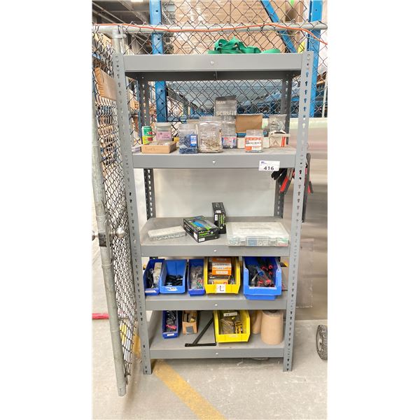 3'W METAL SHELF WITH CONTENTS. LARGE ALAN KEY SET, NUTS AND BOLTS, STAPLES, GREASE FITTINGS, ETC