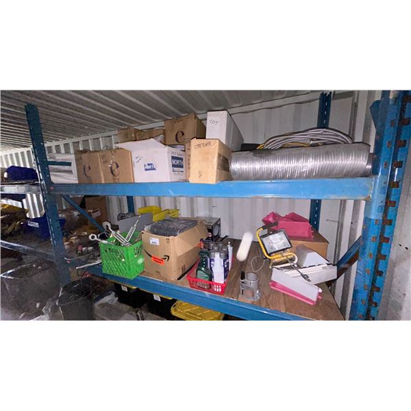 CONTENTS OF 2 SHELVES. PRIVACY TENT, SPACE BLANKETS, TARPS, CANDLES, TOILET LIDS, FIRST AID KITS,