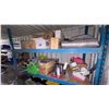 Image 1 : CONTENTS OF 2 SHELVES. PRIVACY TENT, SPACE BLANKETS, TARPS, CANDLES, TOILET LIDS, FIRST AID KITS,