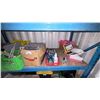Image 3 : CONTENTS OF 2 SHELVES. PRIVACY TENT, SPACE BLANKETS, TARPS, CANDLES, TOILET LIDS, FIRST AID KITS,