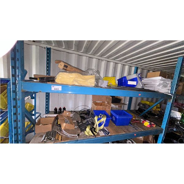 2 TOP SHELVES OF RACKING. OIL SPILL MATS, BOOSTER CABLES, HEAVY DUTY HINGES, GREASE GUNS,