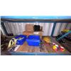 Image 3 : 2 TOP SHELVES OF RACKING. OIL SPILL MATS, BOOSTER CABLES, HEAVY DUTY HINGES, GREASE GUNS,