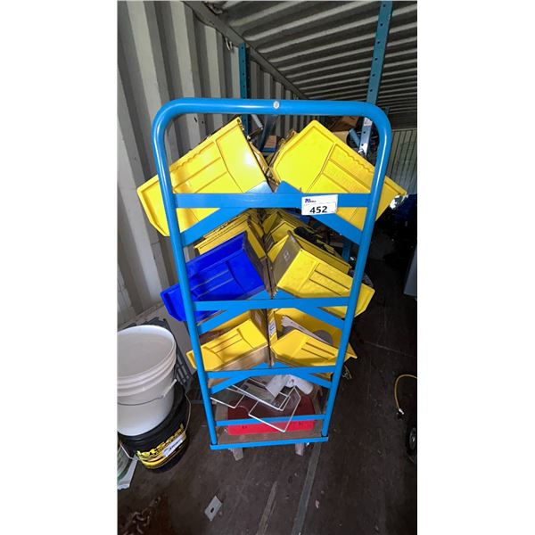 ROLLING CART ON WHEELS WITH BINS LOCATED IN CONTAINER. INC CONTENTS. NUTS AND BOLTS, HINGES,