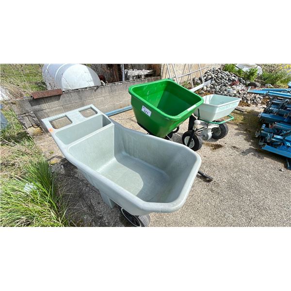 3 PIECES. JD TOW SPREADER REQUIRES SERVICING, SMALL DUMP CART, PRIZE LAWN CBR SEED SPREADER