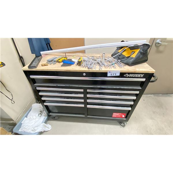 HUSKY TOOL BOX WORK BENCH 48"X18" ON WHEELS. WITH CONTENTS. SOCKET SET, PRY BARS, COMBINATION