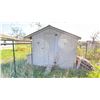 Image 1 : 9'X10' CHICKEN COOP WITH CONTENTS. APPROX 100" HIGH. GARDENING SUPPLIES, POTS, SHOVELS, RAKE