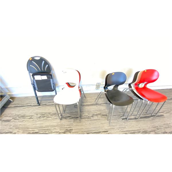 10 STACKING MIXED COLOR CHAIRS AND 60X30" TABLE WITH CHROME LEGS.