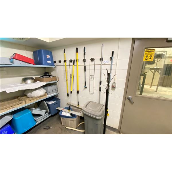 CONTENTS OF JANITORIAL ROOM INC BASINS, MOPS, MOP BUCKETS, STAINLESS SHOVEL, BOWLS, TOTES, COAT