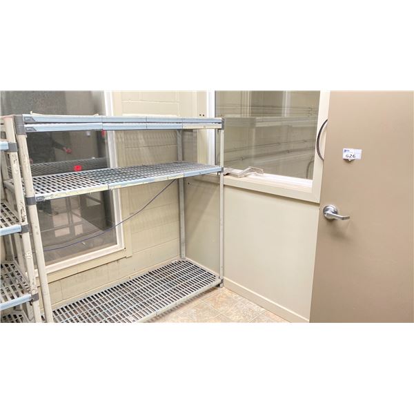 CONTENTS OF STORAGE ROOM ABOVE JANITORIAL ROOM. 2X3'W METAL SHELVING UNITS, 3X5'W METRO RACKS,
