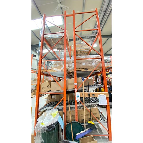 GROUP OF 16' HIGH BACK TO BACK RACKING. OVERALL 50' X 8' WITH BOX ROLLERS.  INVENTORY INCLUDES 14 X