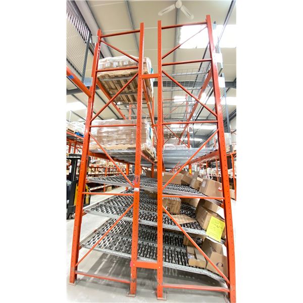 GROUP OF 16' HIGH BACK TO BACK RACKING. OVERALL 50' X 8' WITH BOX ROLLERS.  INVENTORY INCLUDES 14 X