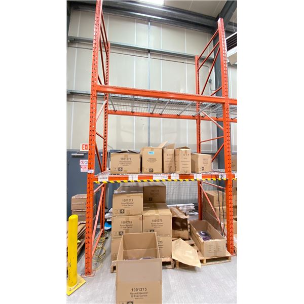 ROW OF RACKING. 8 X 16' HIGH FRAMES, 28 X 8' BEAMS, 28 X 4' WIRE DECKING,