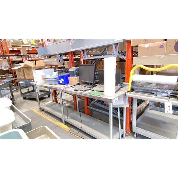 8' STAINLESS WORK BENCH INC SHELF WITH PAPER ROLLERS ABOVE. NO CONTENTS