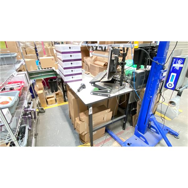 PAIR OF METAL FRAMED WORK BENCHES 66" X 33"  CONNECTED BACK TO BACK WITH OVERHEAD SHELF NO CONTENTS