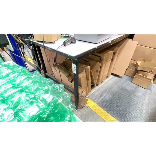 PAIR OF METAL FRAMED WORK BENCHES 66" X 33"  CONNECTED BACK TO BACK WITH OVERHEAD SHELF NO CONTENTS