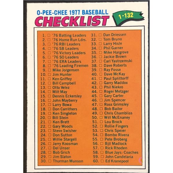 1977 O-PEE-CHEE CHECKLIST