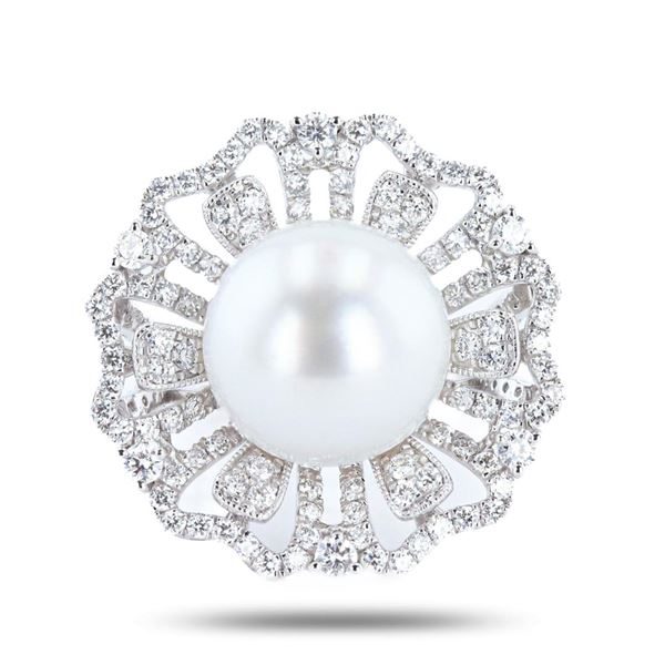 13mm White South Sea Cultured Pearl and 1.46 ctw Diamond Platinum Ring (GIA CERT