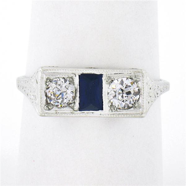 Antique Art Deco 20k Gold .45 ctw European Diamond & Sapphire Moi et Toi Band Ri