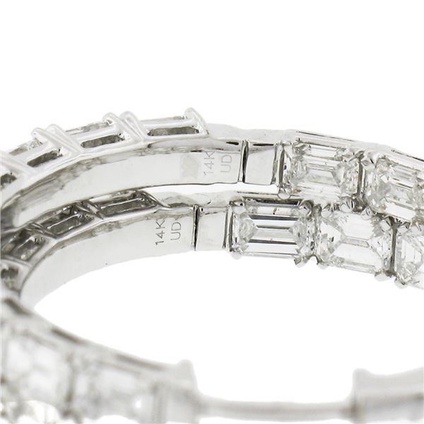 14K White Gold Large 5 ctw In and Out Emerald Cut Diamond Oval Shape Hoop Earrin