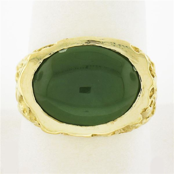 Vintage Mens 14K Yellow Gold Oval Cabochon Green Jade Sideways Nugget Band Ring