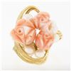Image 4 : Vintage 14K Gold Carved Angel Skin Coral Pearl Rose Flower Bouquet Cocktail Ring