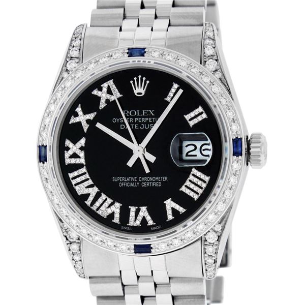 Rolex Mens Stainless Steel Black Roman Diamond Lugs And Sapphire Datejust Wristw