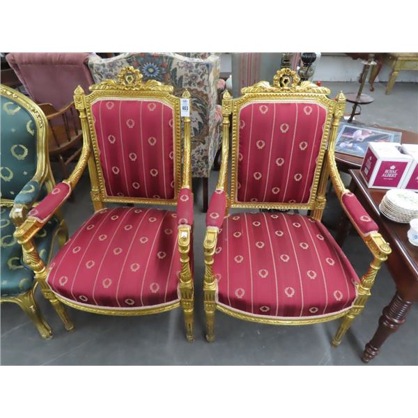 Gold Guild Maroon Cloth Padded Ornate Armchairs - Pair