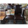 Image 1 : Ornately Carved Brown Leather Button Trim Chairs - Pair