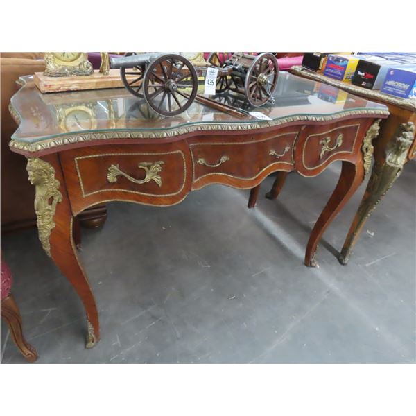 Ornate Burl Cast/Brass Figural Trim Leather Inlay Writing Desk
