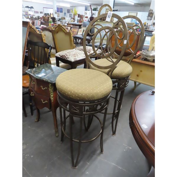 Ornate Iron Padded Swivel Bar Stools - Pair