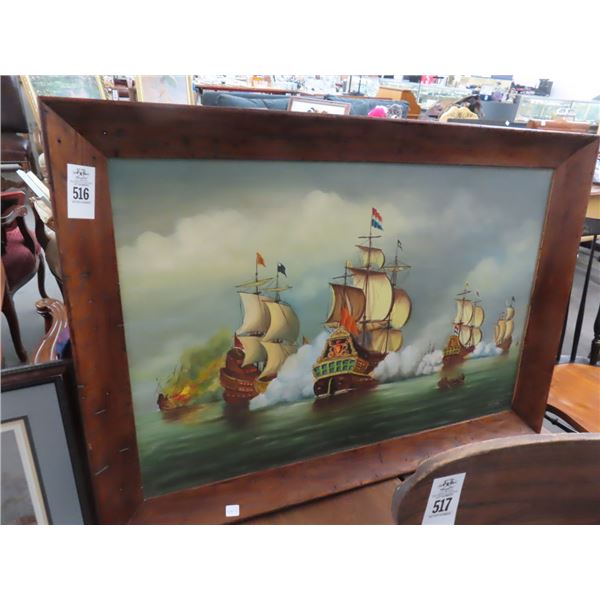 Framed Oil On Canvas Tall Ship Battle - Signed Zeeman