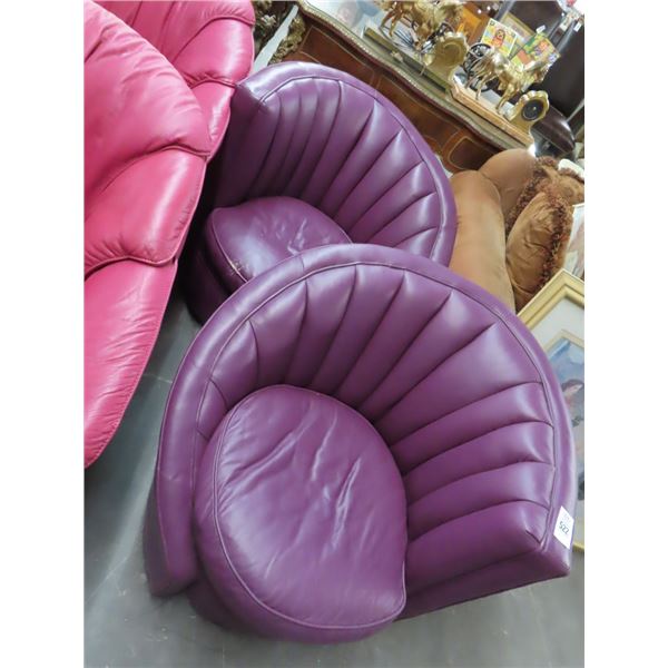 Plum Leather Conteporary Easy Chairs - Pair