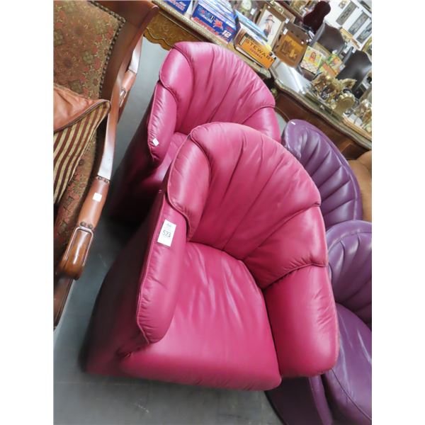 Mauve Leather Contemporary Swivel Armchairs - Pair