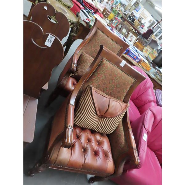Leather Tufted Carved Mahogany Padded Armchairs - Pair