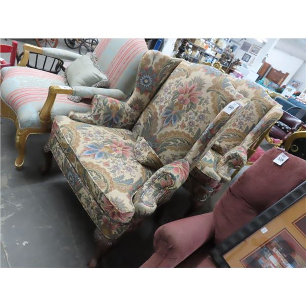 Floral Padded Mahogany Ball In Claw Wing Back Chairs - Pair