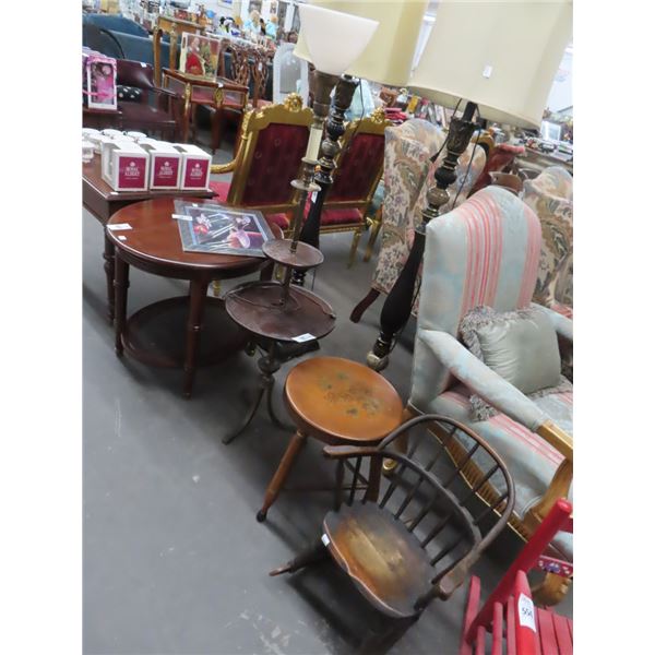 Mahogany Torchier Lamp Table, Floral Motif Maple Round Stool, Child Rocker