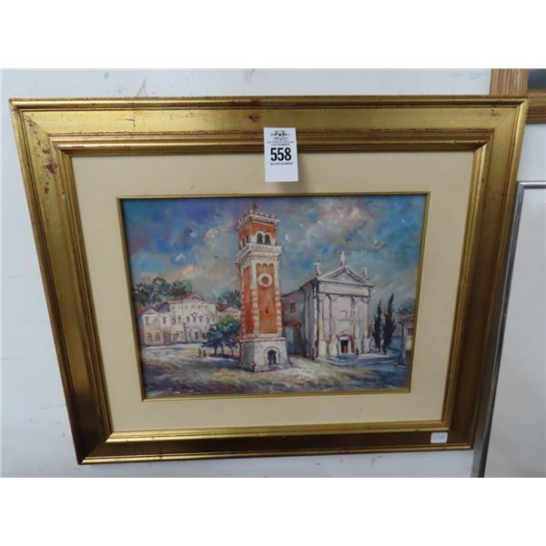 Framed Oil On Board Town Scene Signed Baronny