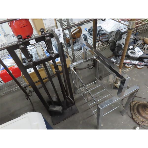 Fireplace Poker Set w/Rack, Chrome Magazine Rack