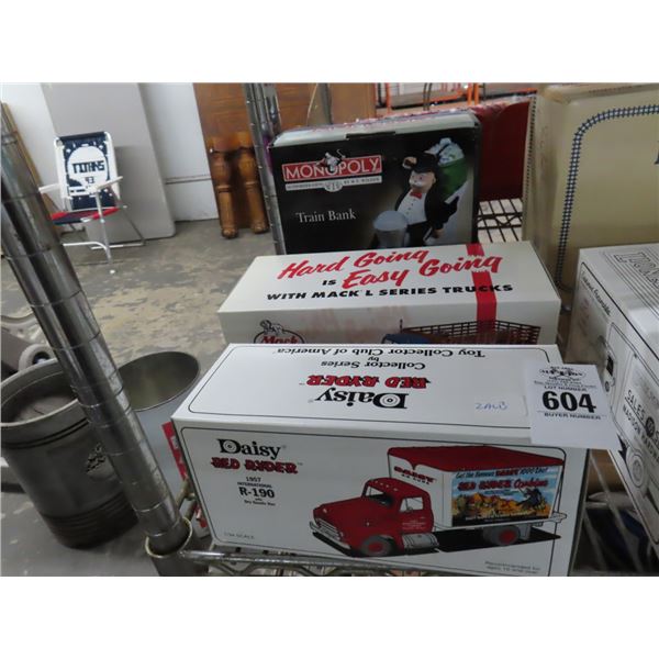 Cast Daisy Red Rider Truck, Max Steak Bed, Monopoly Train Bank