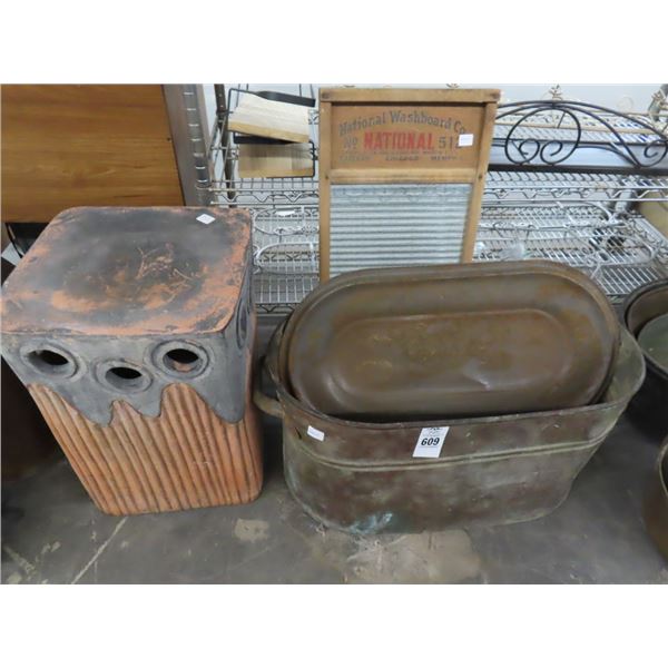 Large Copper Bucket, Washboard, Cast Oven Salesman Sample