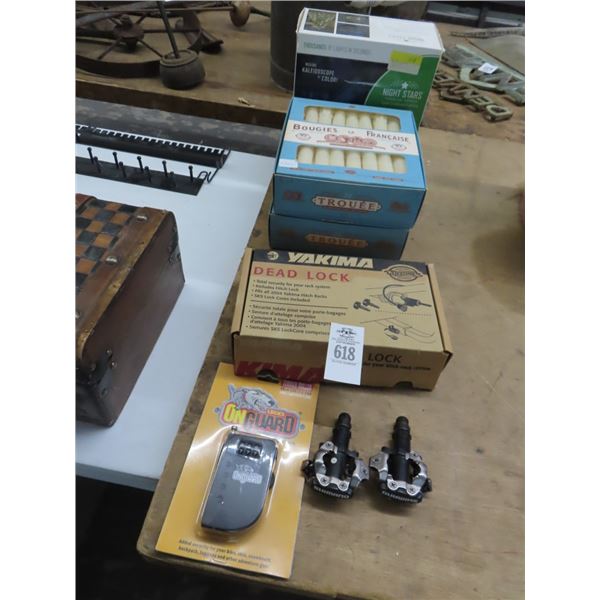 Trailer Hitch Locks, Candles, Light Projector