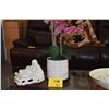 Image 1 : RECLINING LAUGHING BUDDHA STATUE ON STAND W/BOX & FAUX ORCHID PLANT (2 PCS)